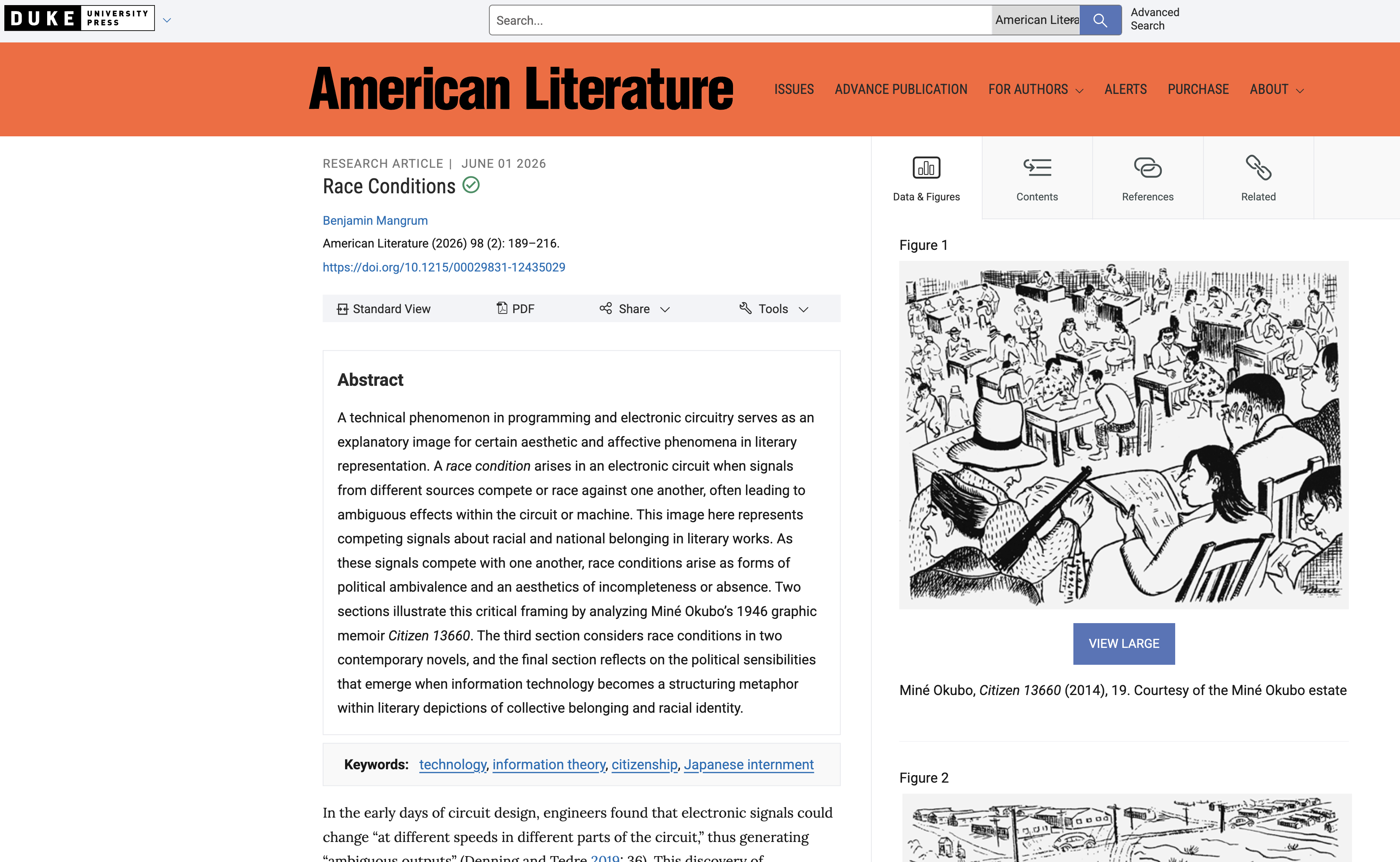 Screenshot of a literary journal article by Prof. Ben Mangrum. There is a bright orange bar on top of the page, with the title of the journal "American Literature".